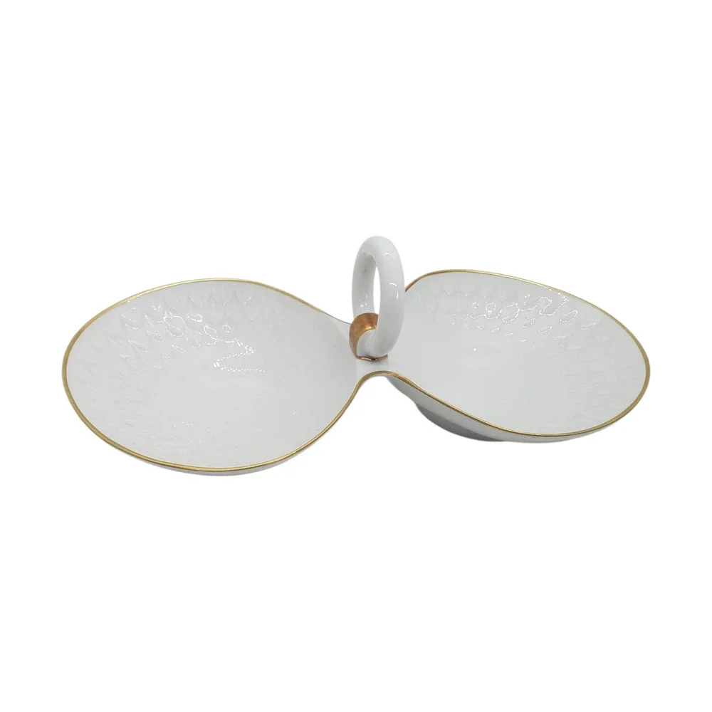Vintage Limoges France Double Clam Shell Dish Trinket White Porcelain Gold Trim